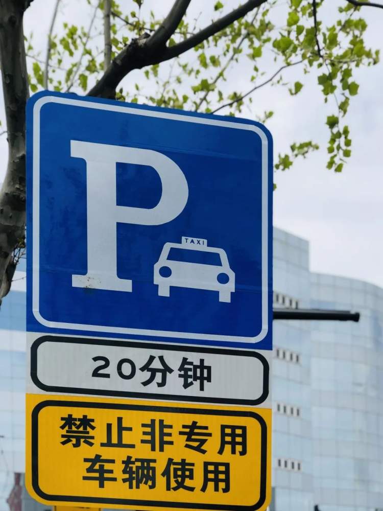 还竖立了一块指示标牌,上方的蓝色交通标志显示为"出租车专用"及可停"