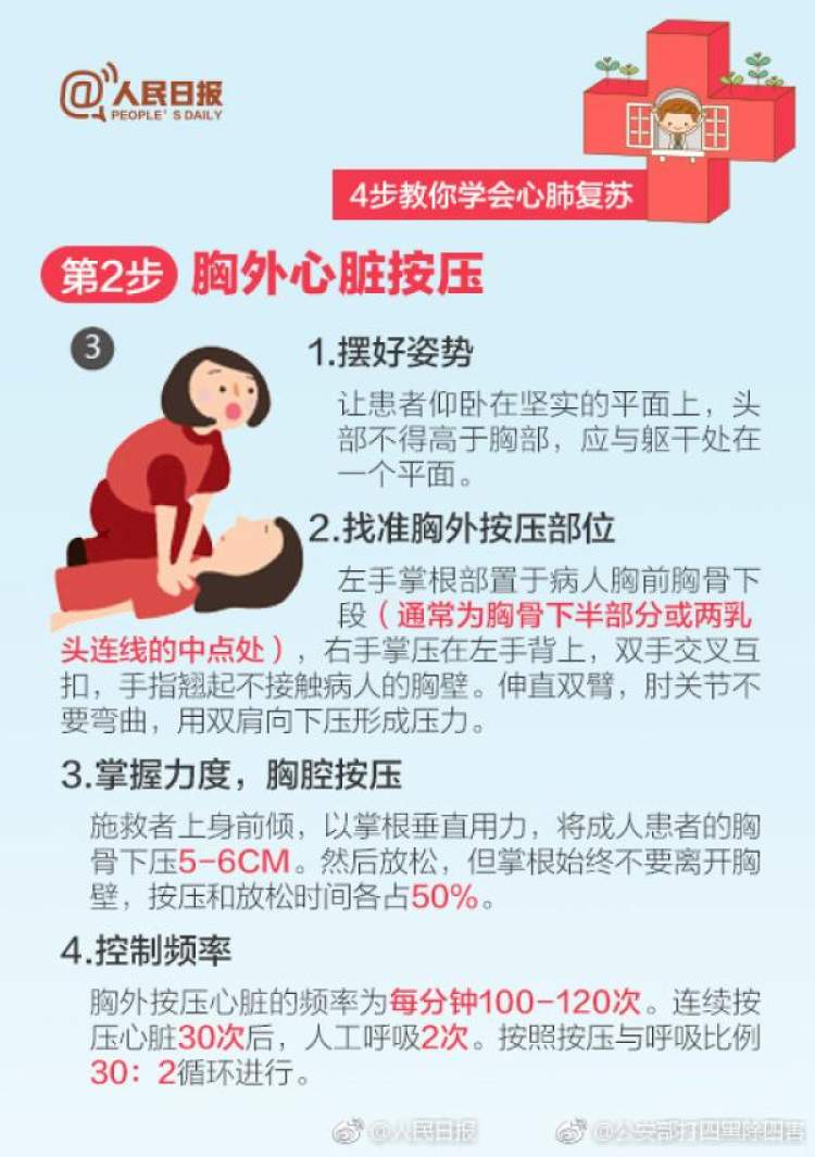 6,胸外心脏按压:两乳头连线中点(胸骨中下1/3处),用左手掌跟紧贴病人