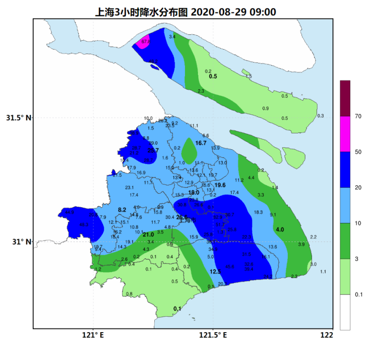 今天6-9时全市累积降雨量(单位:毫米)