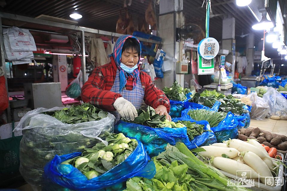 摊主沈阿姨家住在浦东航头镇,凌晨3点搭车赶来,4点就把蔬菜摆上摊位了