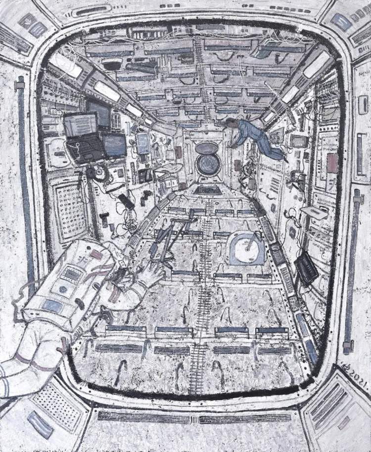 陈迪的油画作品以三名航天员在中国空间站开启在轨生活的特殊时刻