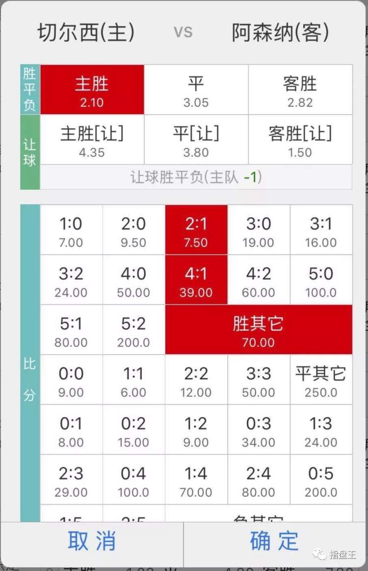 00  切尔西  vs  阿森纳   切尔西胜;总进球:主双客单的组合;比分