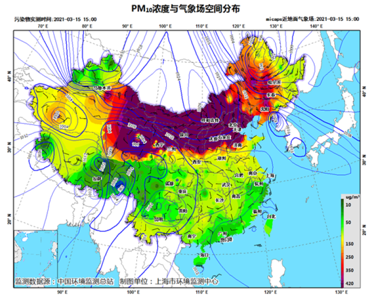 15日15时全国pm10浓度空间分布图