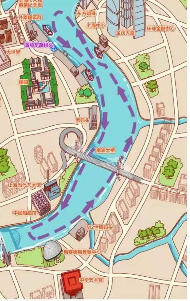 东方明珠——秦皇岛路码头(掉头)——北外滩——白玉兰大厦——外白渡