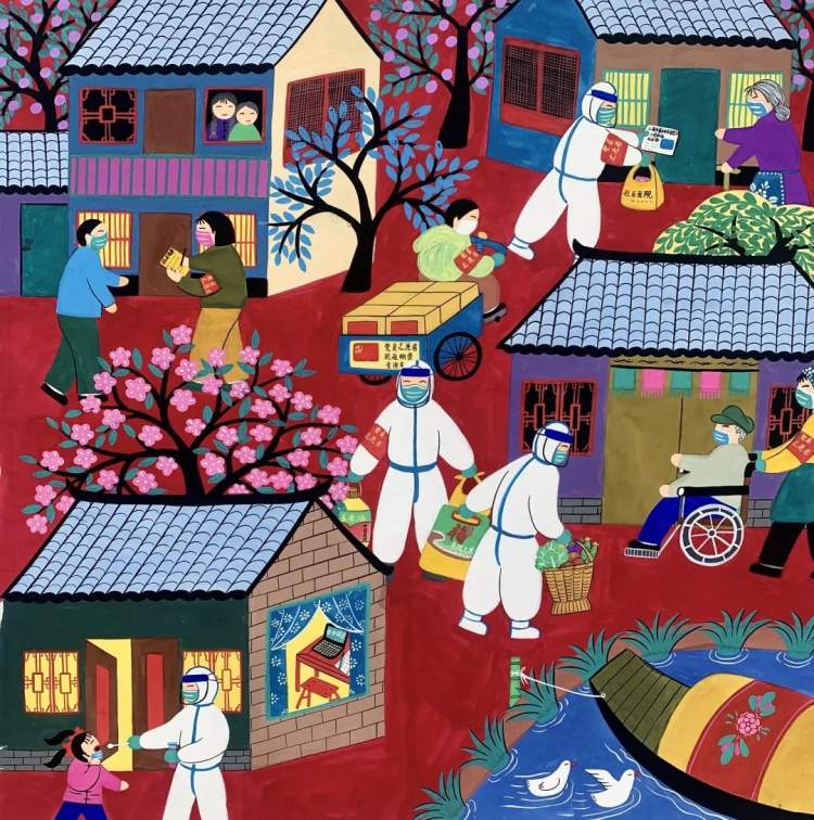 ’70年文化大革命◆高風作『農村風景』金山農民画 第４回江南之春美術展１等受賞者 70年文化大革命◇高風作『農村風景』金山農民画 第4回
